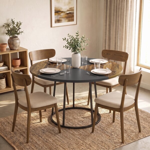 Tavolo da Pranzo Rotondo Ø120x75 cm per 4-6 Persone Stile Industriale in MDF e Metallo Marrone Rustico e Nero
