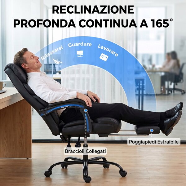 HOMCOM Sedia Ufficio Ergonomica Girevole Reclinabile 165° in Pelle PU, Poggiapiedi, Altezza Regolabile, Nero | Aosom Italy