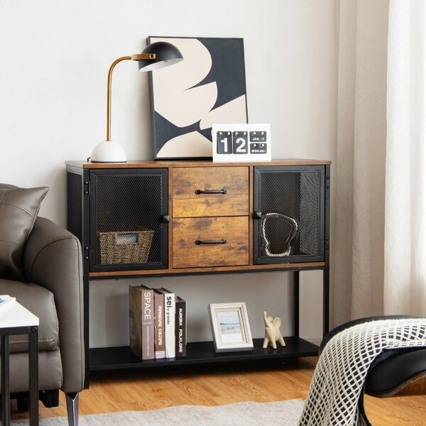 Costway Credenza industriale con 2 armadietti 2 cassetti ripiano inferiore, Tavolino versatile per salone cucina Marrone