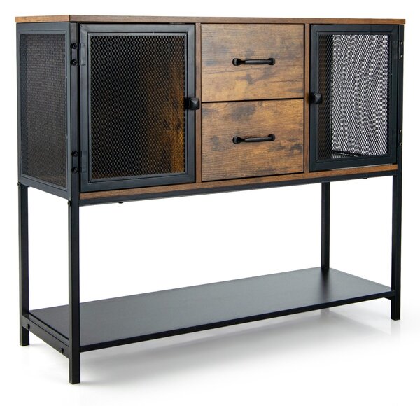 Costway Credenza industriale con 2 armadietti 2 cassetti ripiano inferiore, Tavolino versatile per salone cucina Marrone