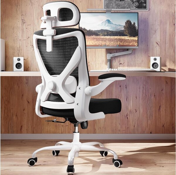 Sedia da ufficio ergonomica - Sedia da lavoro confortevole - Ideale per lunghe sessioni di lavoro - Supporto lombare regolabile - Portata fino a 150 kg - Bianco, nero