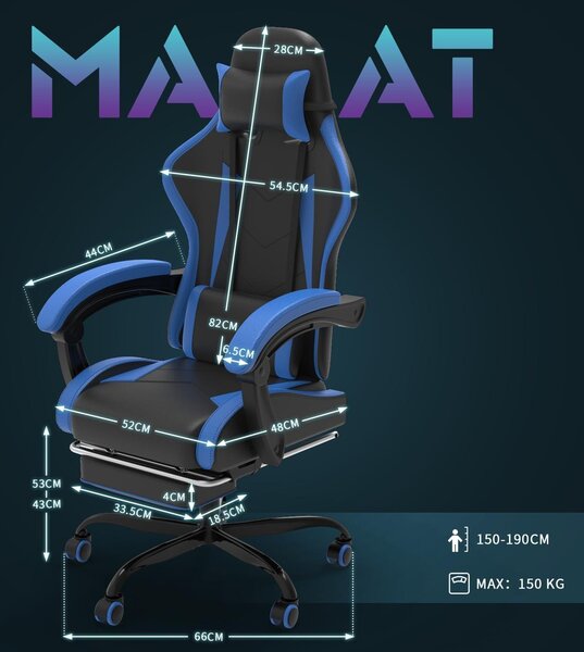 Sedia da ufficio ergonomica - Sedia da gaming - Per lavorare comodamente - Con poggiapiedi regolabile - Portata massima: 150 kg - Colore: blu