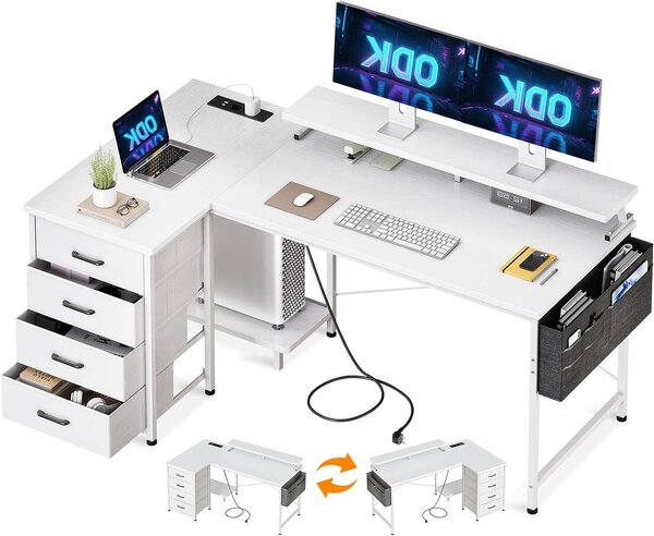 Scrivania angolare a forma di L - Scrivania per computer e postazione di lavoro - Organizzazione per il lavoro da casa - Stazione di ricarica integrata - 140x80 cm - Bianco