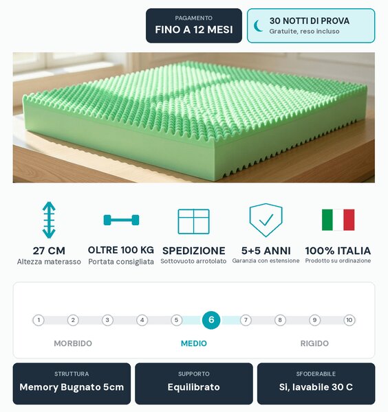 Materasso Memory Bugnato Traspirante – 5 cm, 27 cm, Alta Portanza | MEMORY KING 85x195
