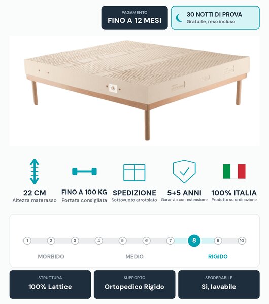 Materasso Lattice 100% – 7 Zone, 22 cm, Anallergico | JUPITER 80x190 Singolo standard