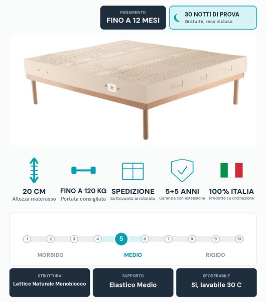 Materasso Lattice 100% Naturale – 7 Zone, 20 cm, Antiacaro | POLARIS 80x190 Singolo standard
