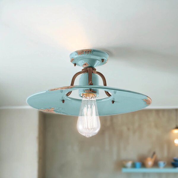 Lampada da soffitto in metallo Vetroceramica D: 40 cm tondo azzurro shabby antico E27 vintage in Vetroceramica