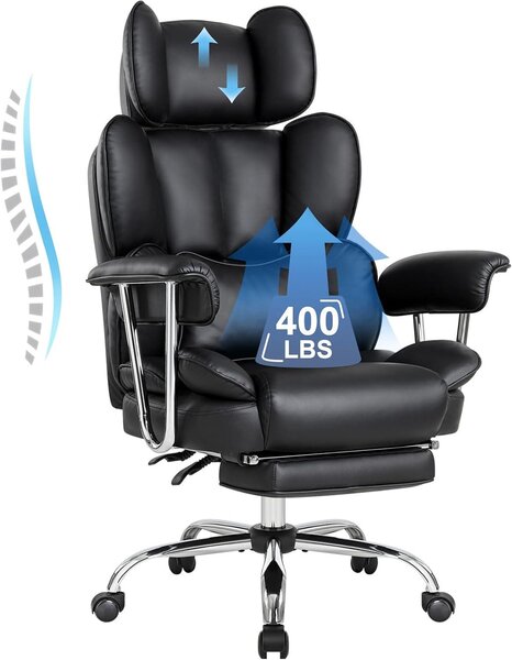 Sedia da ufficio ergonomica - Sedia da ufficio in pelle - Comfort per lavorare - Con poggiapiedi - Inclinazione regolabile da 90 a 135 gradi - Colore nero