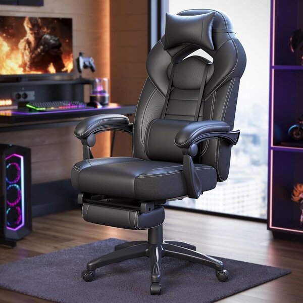 Sedia ergonomica - Sedia da ufficio, sedia da gaming - Comfortevole per lavorare - Con poggiapiedi - Portata massima: 150 kg - Colore: nero