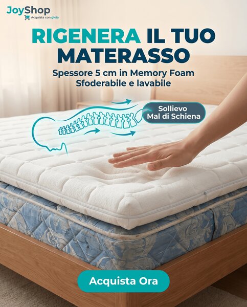Topper Memory Foam – Correttore Anallergico, 5 cm, Sfoderabile Lavabile 80x190 Singolo standard