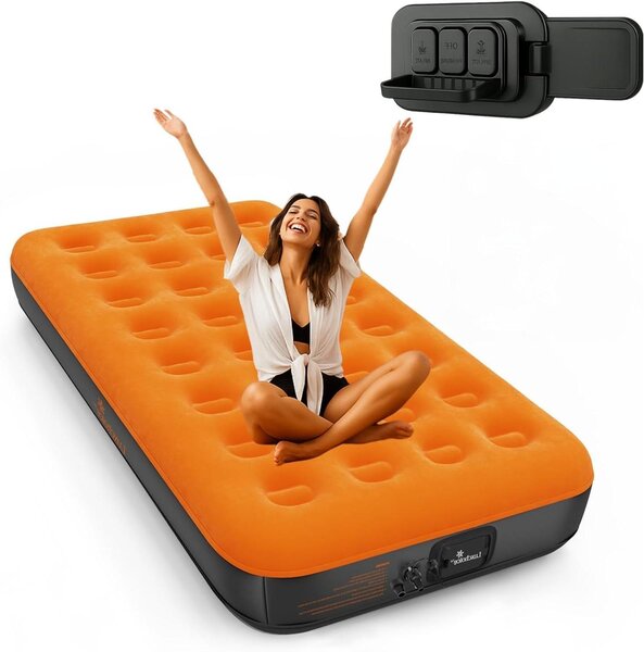 Materasso gonfiabile per una persona - Ideale per il campeggio - Offre un sonno confortevole - Dotato di pompa USB integrata - Dimensioni: 190x99x22 cm - Colore: arancione
