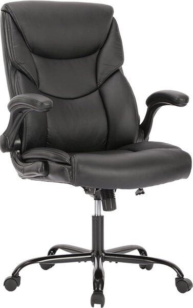 Sedia da ufficio in pelle - Sedia da lavoro confortevole - Ideale per l'ufficio domestico - Braccioli regolabili - Altezza 44 pollici - Colore nero