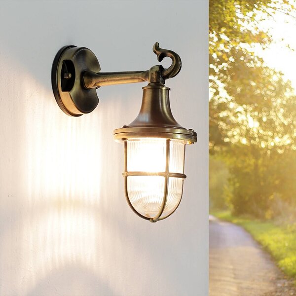 Lampada da esterno premium a parete in ottone autentico inossidabile IP64 solido vetro scanalato a gabbia paralume parete rustica casa balcone