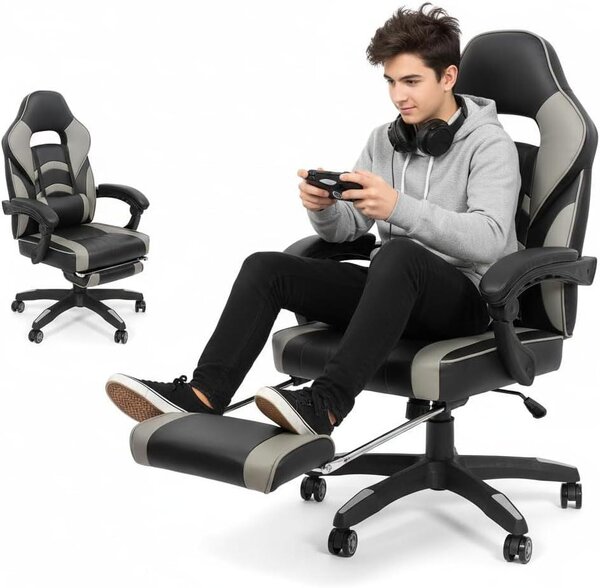 Sedia ergonomica - Sedia da ufficio - Seduta confortevole - Con poggiapiedi - Taglia XL - Grigia