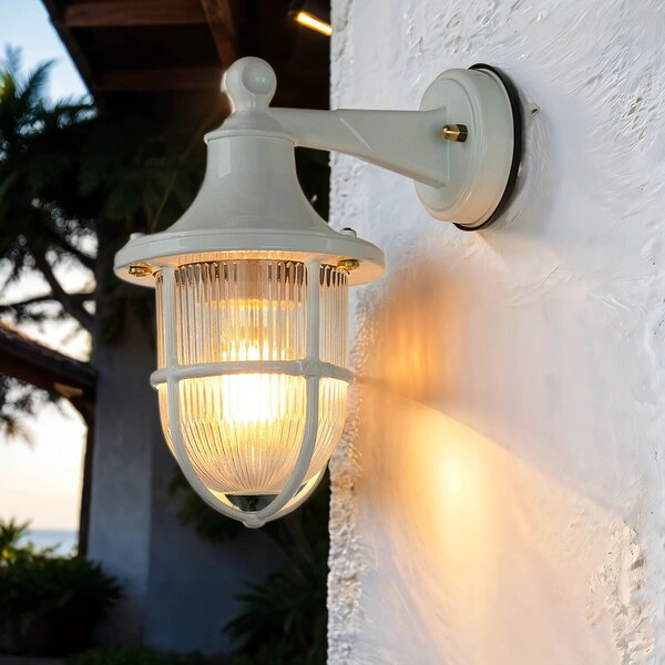 Applique da esterno bianco IP64 E27 vetro scanalato in vero ottone Applique da esterno marittimo cortile SANTORIN