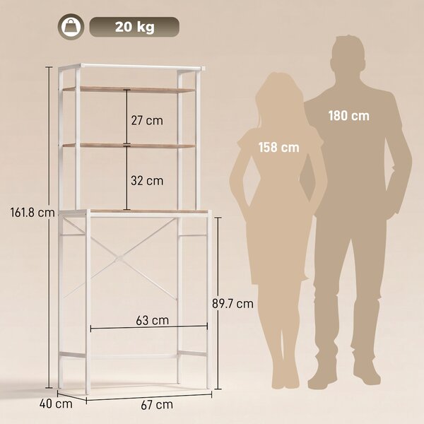 HOMCOM Scaffale per Lavatrice con 3 Ripiani, Mobile per Lavatrice e Asciugatrice con Asta per Appendere, Marrone e Bianco | Aosom Italy