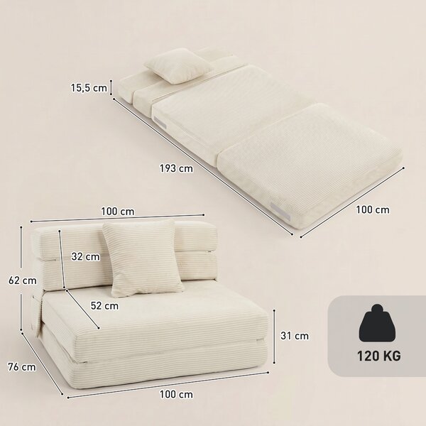 HOMCOM Divano Letto Pieghevole 2 in 1, Poltrona Singola Convertibile in Velluto a Coste con Cuscino e Tasche Laterali, Crema | Aosom Italy