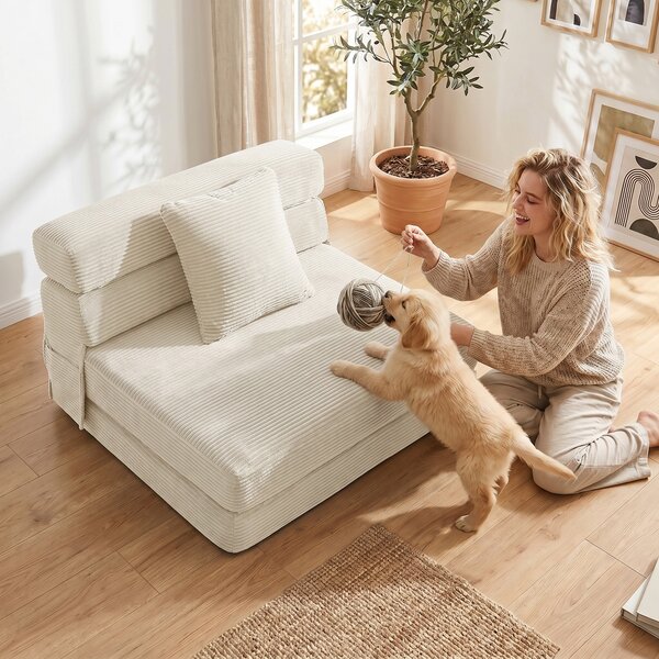 HOMCOM Divano Letto Pieghevole 2 in 1, Poltrona Singola Convertibile in Velluto a Coste con Cuscino e Tasche Laterali, Crema | Aosom Italy