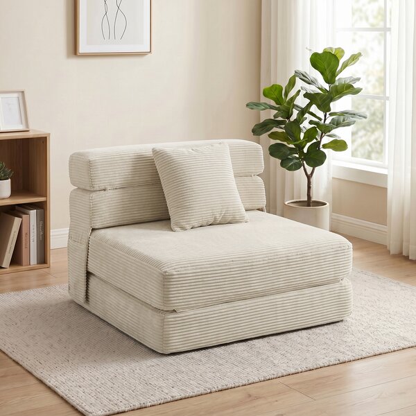 HOMCOM Divano Letto Pieghevole 2 in 1, Poltrona Singola Convertibile in Velluto a Coste con Cuscino e Tasche Laterali, Crema | Aosom Italy