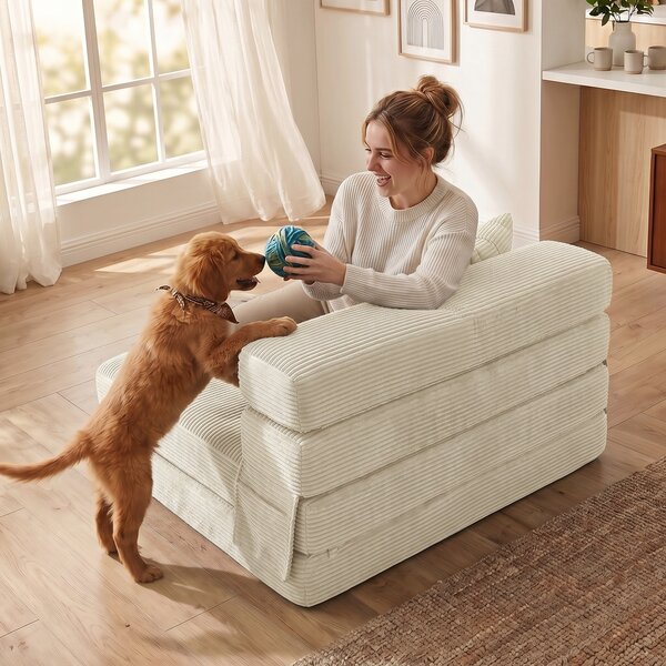 HOMCOM Divano Letto Pieghevole 2 in 1, Poltrona Singola Convertibile in Velluto a Coste con Cuscino e Tasche Laterali, Crema | Aosom Italy