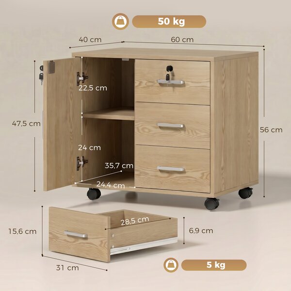 HOMCOM Cassettiera da Ufficio, Mobile Contenitore Richiudibile con 3 Cassetti, Ripiano Regolabile e Ruote, 40x60x56 cm, Marrone Chiaro | Aosom Italy