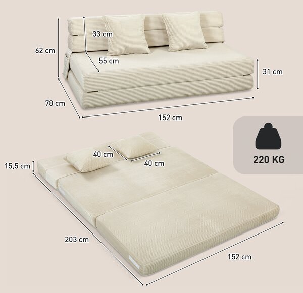 HOMCOM Divano Letto Pieghevole 2 in 1, Poltrona a 2 Posti Convertibile in Velluto a Coste con Cuscino e Tasche Laterali, Crema | Aosom Italy