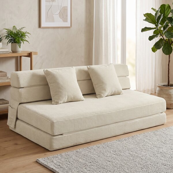 HOMCOM Divano Letto Pieghevole 2 in 1, Poltrona a 2 Posti Convertibile in Velluto a Coste con Cuscino e Tasche Laterali, Crema | Aosom Italy