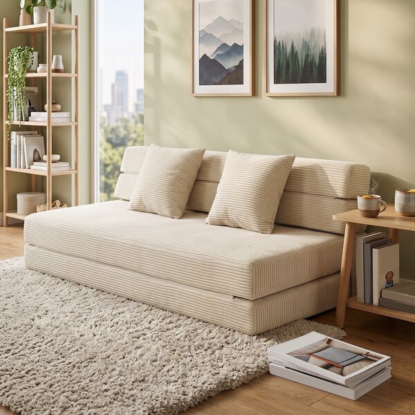 HOMCOM Divano Letto Pieghevole 2 in 1, Poltrona a 2 Posti Convertibile in Velluto a Coste con Cuscino e Tasche Laterali, Crema | Aosom Italy