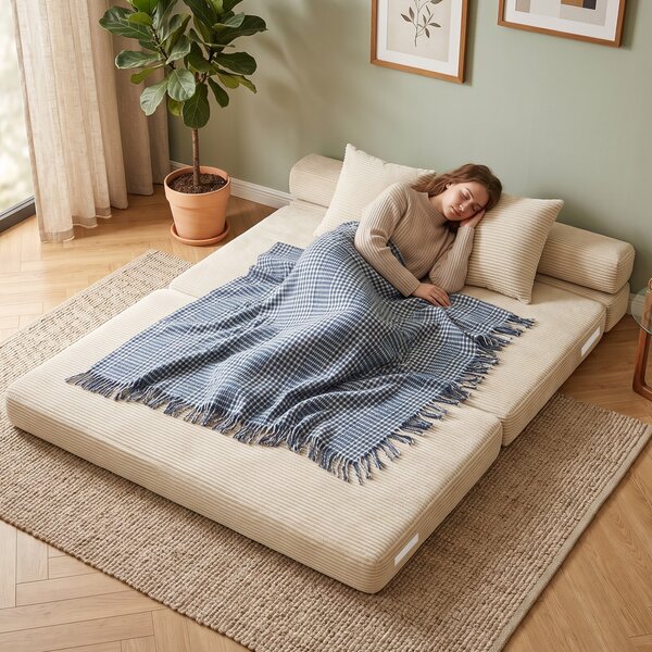 HOMCOM Divano Letto Pieghevole 2 in 1, Poltrona a 2 Posti Convertibile in Velluto a Coste con Cuscino e Tasche Laterali, Crema | Aosom Italy