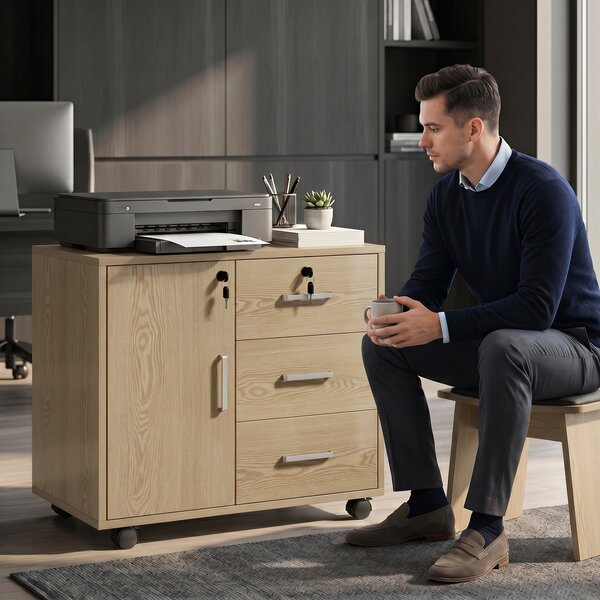 HOMCOM Cassettiera da Ufficio, Mobile Contenitore Richiudibile con 3 Cassetti, Ripiano Regolabile e Ruote, 40x60x56 cm, Marrone Chiaro | Aosom Italy