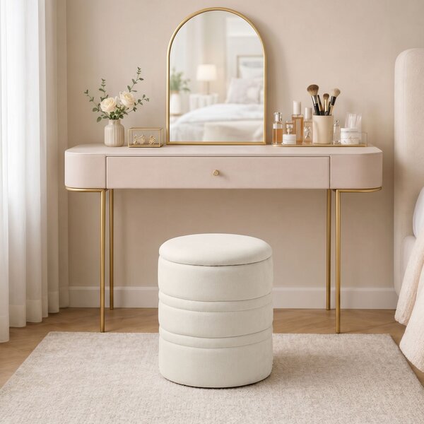 HOMCOM Pouf Contenitore in Ciniglia con Coperchio, Sgabello Rotondo per Soggiorno e Camera, Beige | Aosom Italy