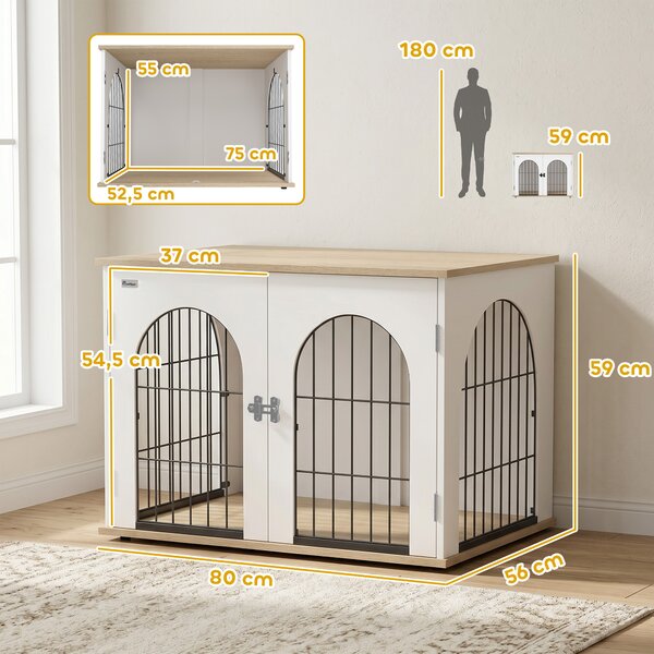 PawHut Gabbia per Cane, Mobile Gabbia Interno ad Arco con Doppia Porta come Tavolino in Metallo, 80x56x59 cm, Bianco | Aosom Italy