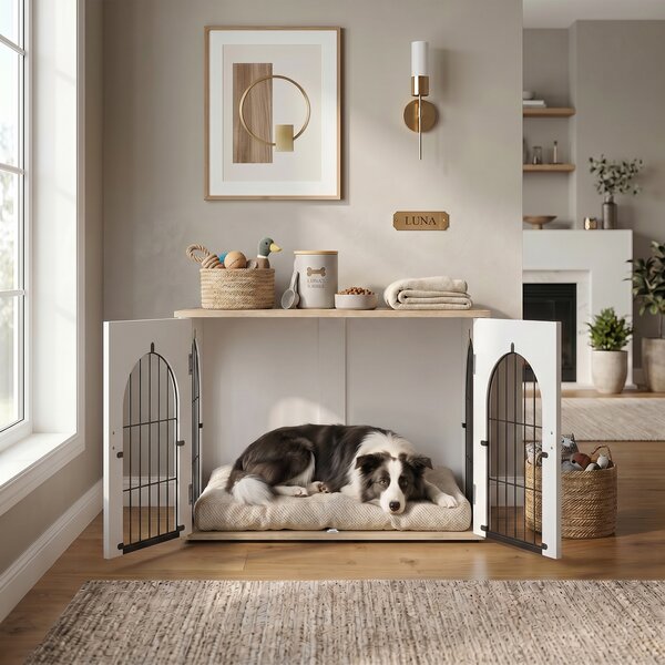PawHut Gabbia per Cane, Mobile Gabbia Interno ad Arco con Doppia Porta come Tavolino in Metallo, 80x56x59 cm, Bianco | Aosom Italy