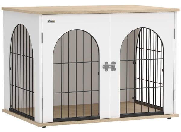PawHut Gabbia per Cane, Mobile Gabbia Interno ad Arco con Doppia Porta come Tavolino in Metallo, 80x56x59 cm, Bianco | Aosom Italy