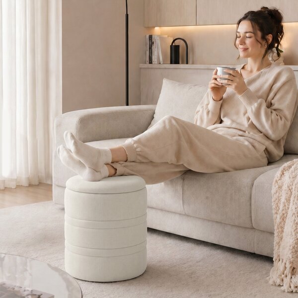 HOMCOM Pouf Contenitore in Ciniglia con Coperchio, Sgabello Rotondo per Soggiorno e Camera, Beige | Aosom Italy