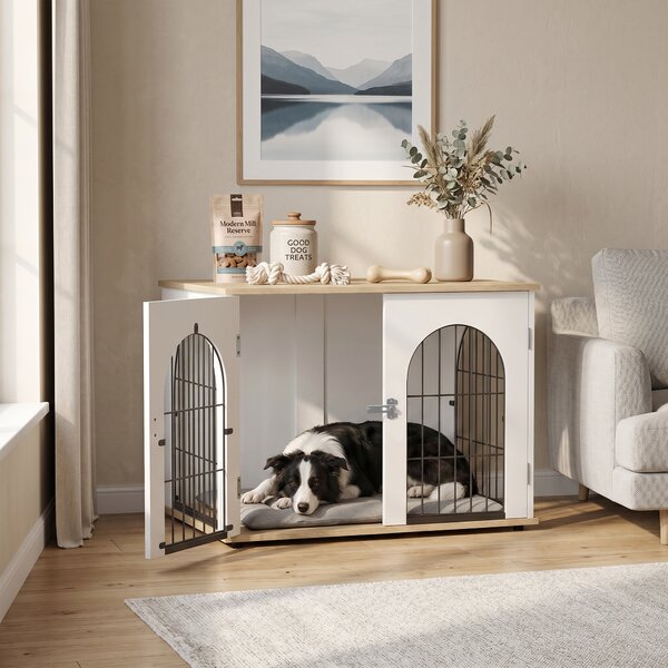 PawHut Gabbia per Cane, Mobile Gabbia Interno ad Arco con Doppia Porta come Tavolino in Metallo, 80x56x59 cm, Bianco | Aosom Italy