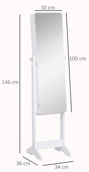 HOMCOM Armadio Portagioie Portagioielli con Specchio Regolabile e Illuminazione LED, Legno, Bianco, 30x146x36 cm