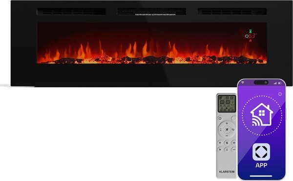 Klarstein Galeras Smart - Camino Elettrico da Parete, 1800W, Fiamma LED Realistica, Controllo con App & Telecomando, Colori & Luminosità Regolabili, Protezione dal Surriscaldamento