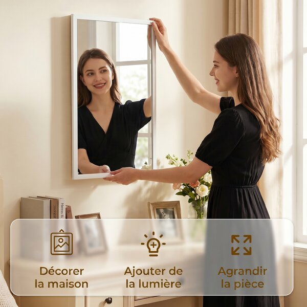 HOMCOM Specchio da Parete Rettangolare con Ganci, in Vetro e MDF, 50x70 cm, Bianco | Aosom Italy