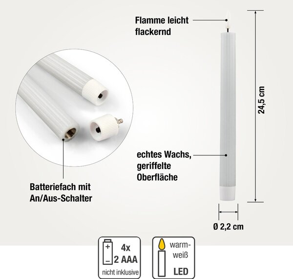 Candele a bastoncino LED grigie, 4 pezzi, in vera cera, con timer e telecomando, alimentate a batterie 153248
