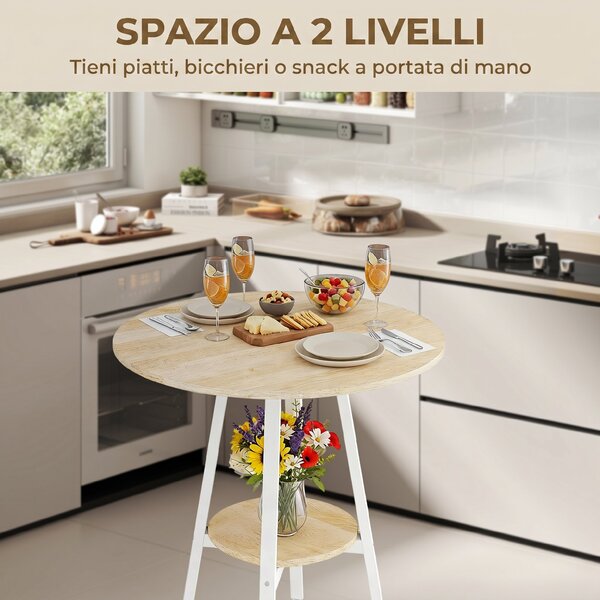 HOMCOM Tavolo Alto Rotondo con Mensola, Tavolo Moderno per Cucina o Sala da Pranzo, per 2 Persone, Naturale e Bianco | Aosom Italy