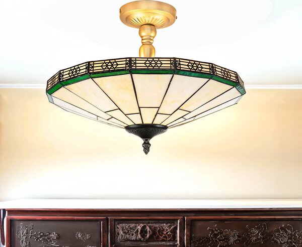 Plafoniera stile Tiffany "New York" ottone crema verde metallo vetro 2 luci salotto lampada corridoio