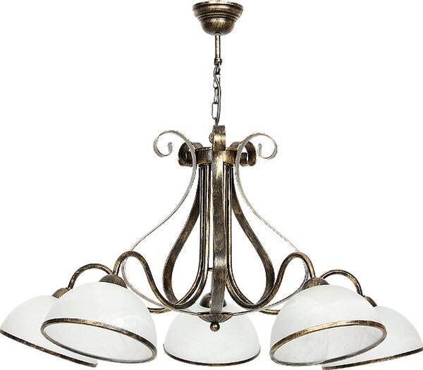 Lampada a sospensioneLampada a sospensione "Antica" in ottone, vetro bianco, metallo a 5 luci, tavolo da pranzo, soggiorno