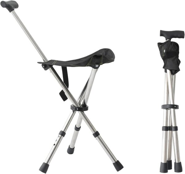 Sgabello pieghevole - Sedia da passeggio con bastone - Seduta per riposare - Altezza regolabile - Fino a 113 kg - Nero