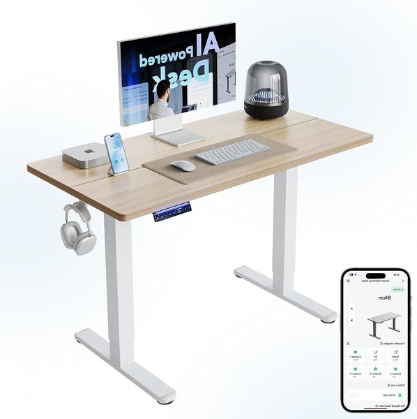 Scrivania elettrica - Tavolo regolabile in altezza - Postazione di lavoro ergonomica - Controllo tramite app - Larghezza 120 cm - Legno di noce chiaro