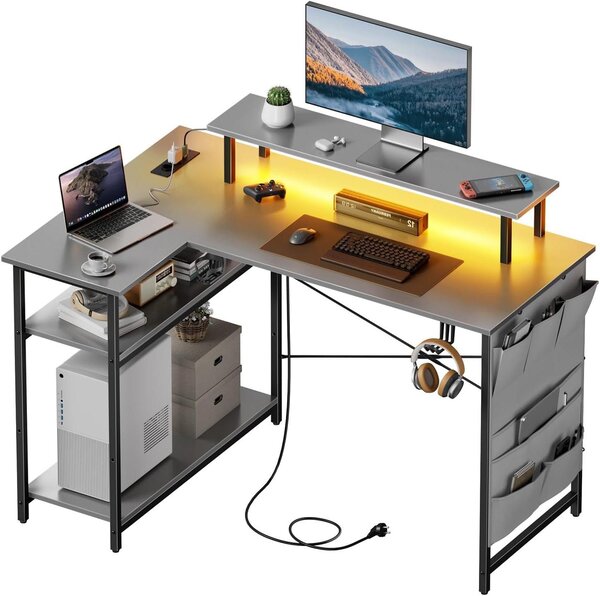 Scrivania angolare - Scrivania per computer - Scrivania per l'ufficio domestico - Presa di corrente integrata - 110 x 80 cm - Grigio