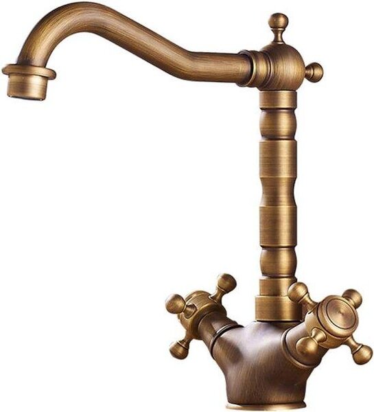 Gru miscelatore da cucina - Rubinetto acqua a due bottoni - Caldo e freddo - Antico stile - 24 cm - Oro