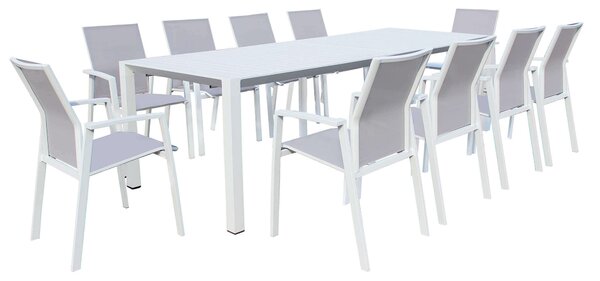 ARIZONA - set tavolo in alluminio cm 100 x 51,50/104/156/208/260 x 74 h con 10 poltrone Lotus