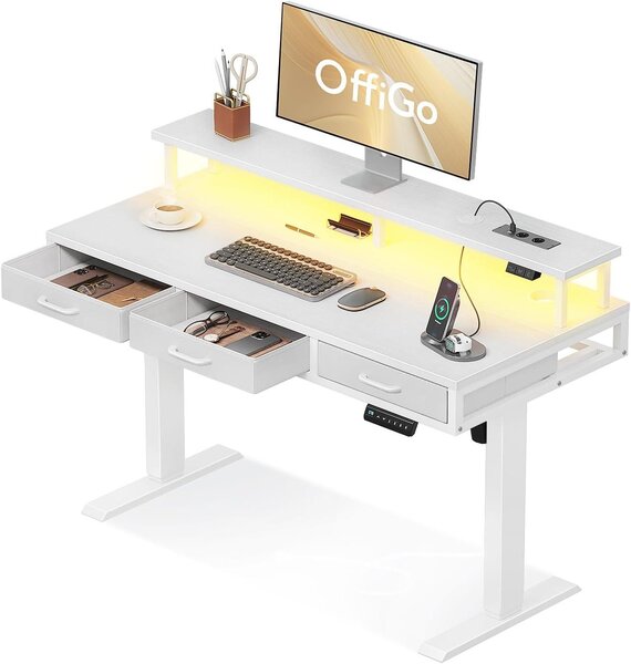 Scrivania elettrica - Scrivania regolabile in altezza - Postazione di lavoro confortevole - Con cassetti e supporto per monitor - Larghezza 120 cm - Bianco