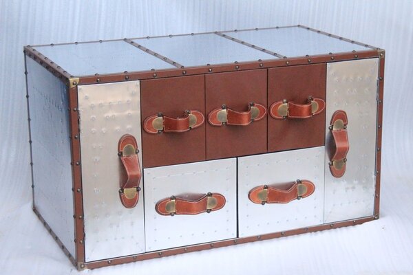 Tavolino retro design valigia in alluminio legno pelle con cassetti scomparti mobili tavolo soggiorno